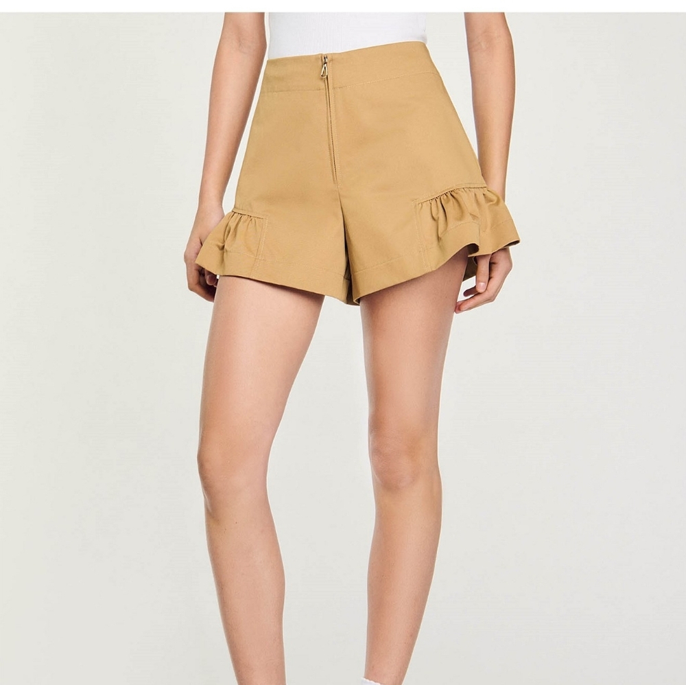Sandro Tan Ruffle Hem High-Waist Skort